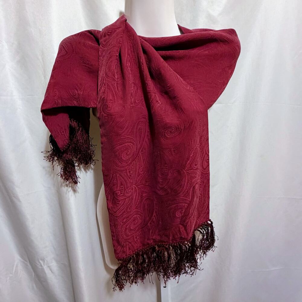 BASHA 100% Silk Paisley Jacquard Burgundy Fringe Scarf Shawl Wrap 10x64 Luxury